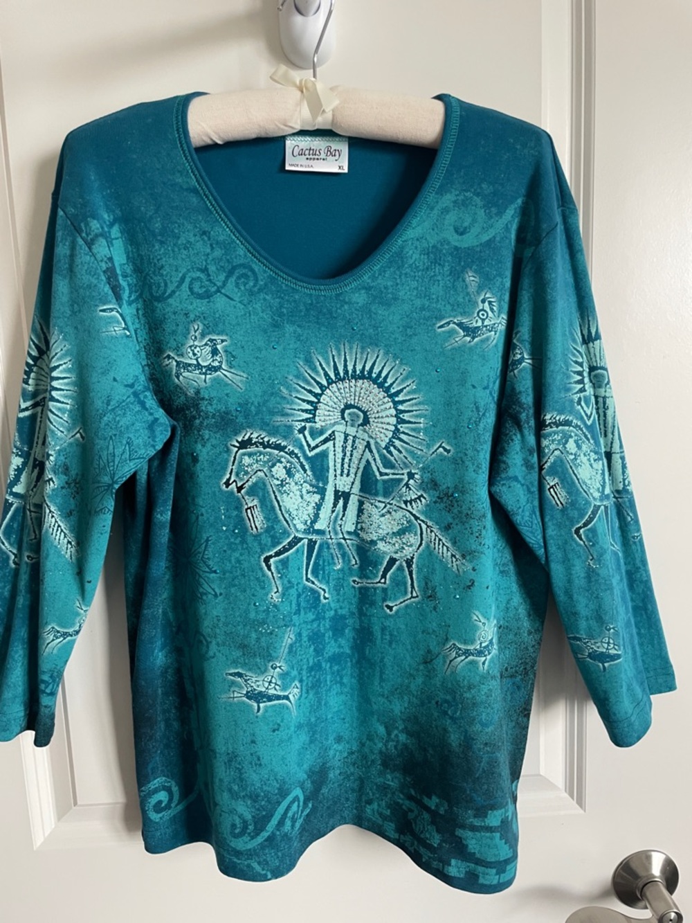 Cactus Bay Teal & Turquoise Western SW Tribal Graphic 3/4 Sleeve Top